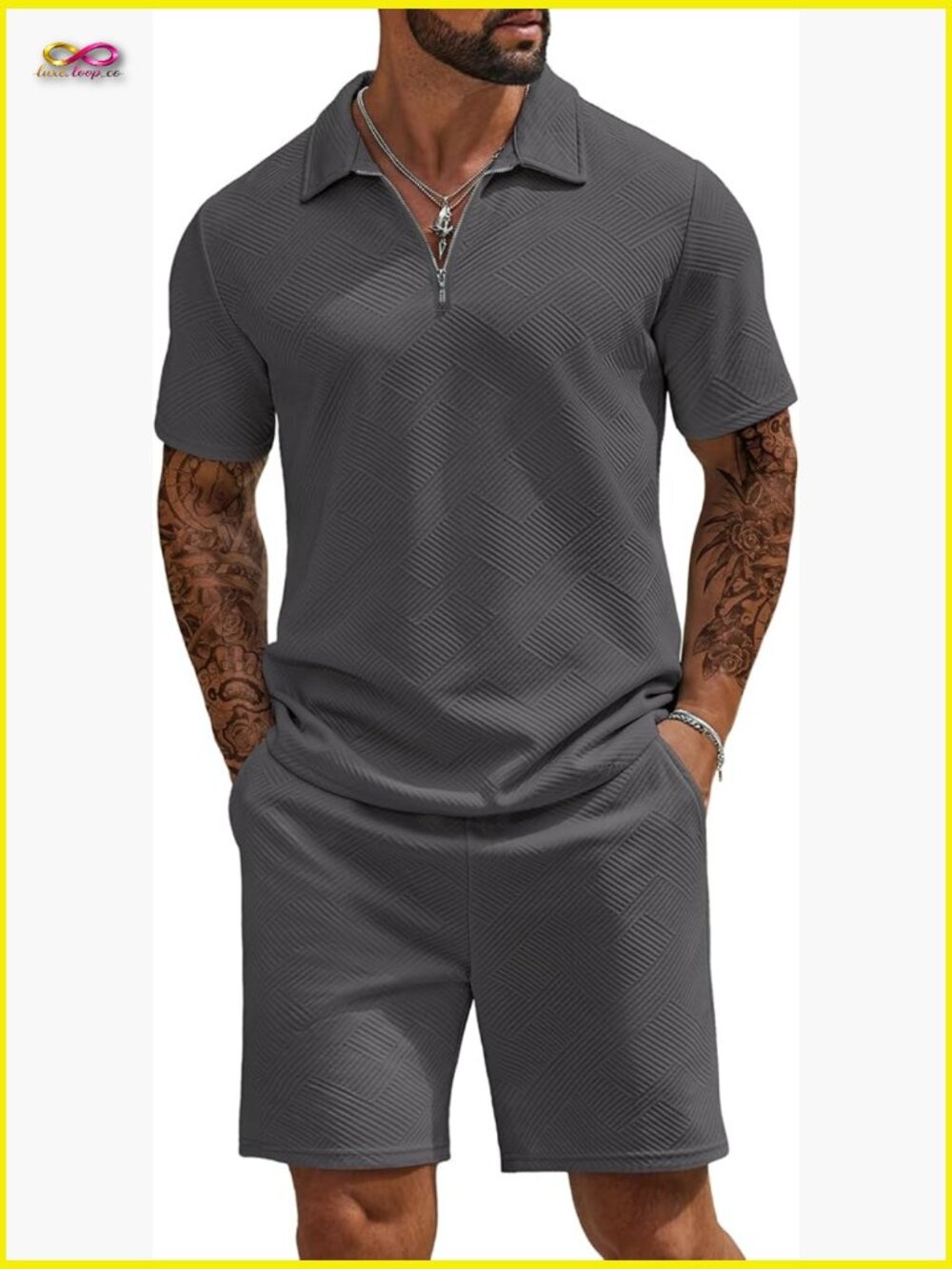 Men's Quarter Zip Polo and Shorts Set Athletic Jogging Sportswear Summer Outfit